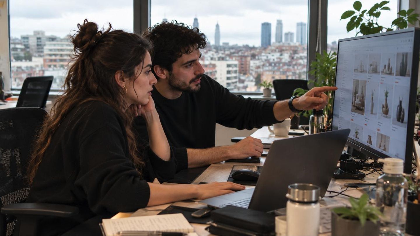 Koç Software ofisinde iki geliştirici bir e-ticaret sitesinin tasarımını inceliyor